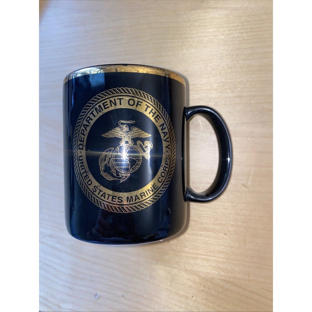 United States Marine Corps Seal Black Gold Trim Mug Cup 1990s Vintage